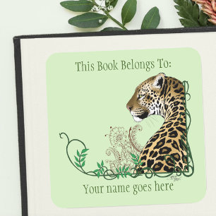 Pegatina Cuadrada Leopard Wild Cat Green Henna Bookplate