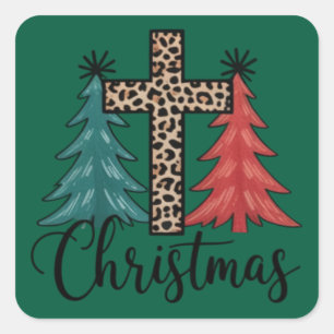 Pegatina Cuadrada Leopardo Cruz Árboles de Navidad Cristianos 