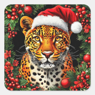 Pegatina Cuadrada Leopardo Festivo con Gorro de Santa