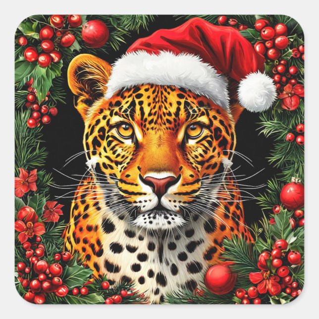 Pegatina Cuadrada Leopardo Festivo con Gorro de Santa (Anverso)