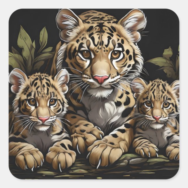 Pegatina Cuadrada leopardo nublado con cachorros (Anverso)