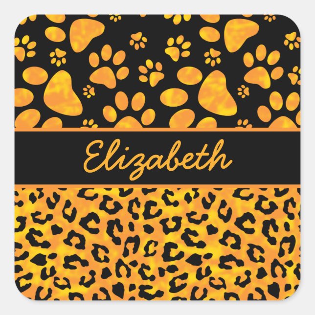 Pegatina Cuadrada Leopardo Print y Paws Naranja Yellow Personalizado (Anverso)