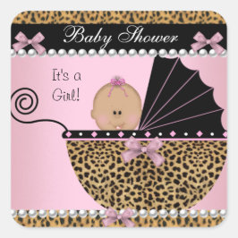 Pegatina Cuadrada Leopardo rosa de la bebé de Baby Shower Cute