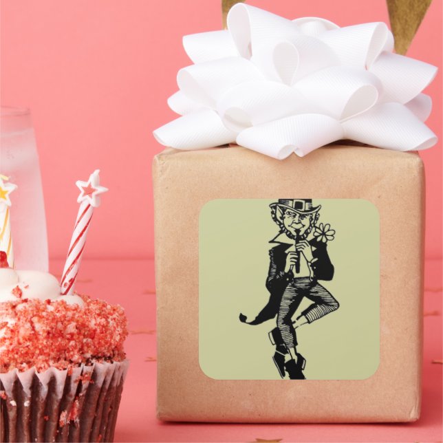 Pegatina Cuadrada Leprechaun con flauta (Fiesta)