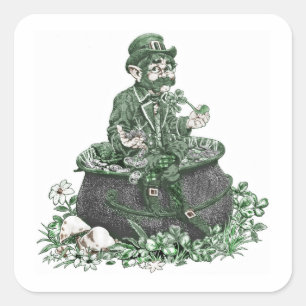 Pegatina Cuadrada Leprechaun y Pot de oro