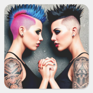 Pegatina Cuadrada Lesbianas del Orgullo LGBTQIA+ con manos en la fre