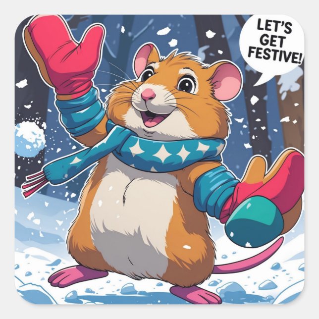 Pegatina Cuadrada Let’s Get Festive Funny Hamster Throwing Snowball (Anverso)