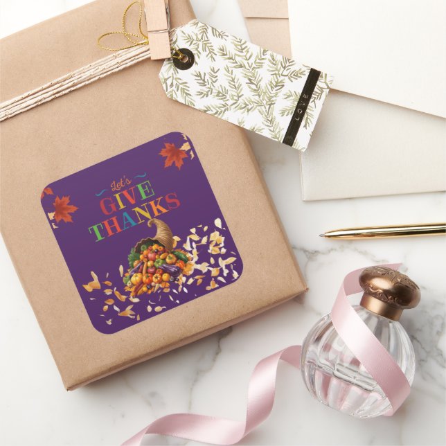 Pegatina Cuadrada Let’s Give Thanks Cornucopia Thanksgiving (Regalar)