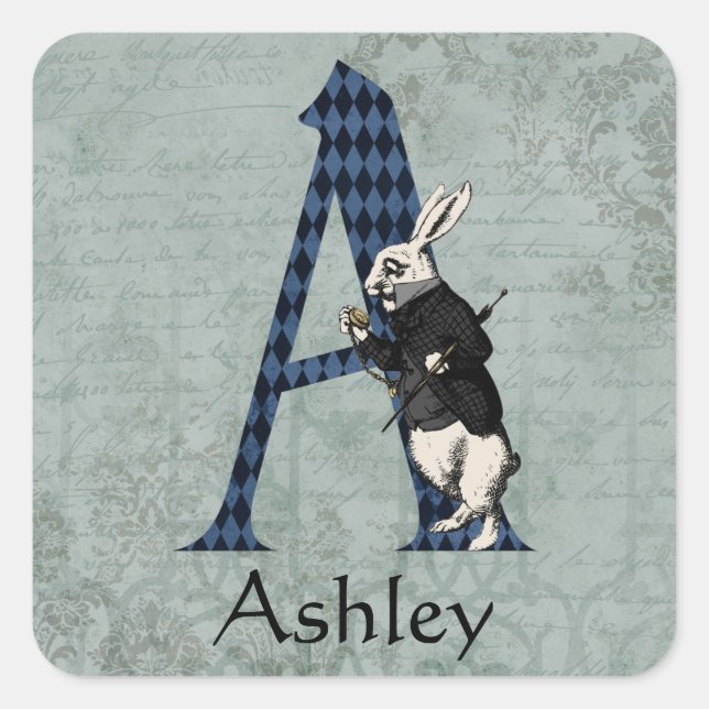 Pegatina Cuadrada Letra A de conejo blanco de maravilla (Anverso)