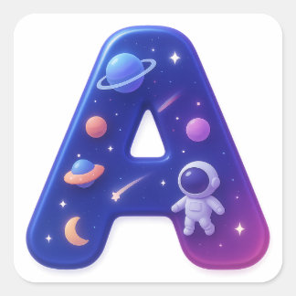 Pegatina Cuadrada Letra A del alfabeto espacial brillante y lindo –