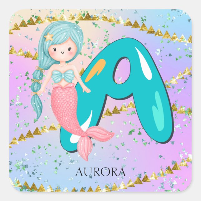 Pegatina Cuadrada Letra A Monograma Acuarela Cuta Cristales De Siren (Anverso)