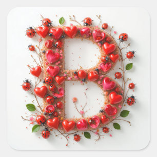 Pegatina Cuadrada Letra alfabética creativa B con formas cardiacas