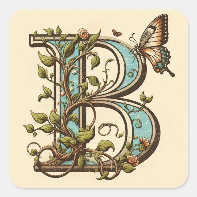 Pegatina Cuadrada Letra B Mariposa Elegante De Inspiración Natural (Anverso)