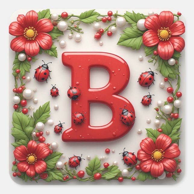 Pegatina Cuadrada 🐞 Letra B Mariquitas Rojas Amapolas Perlas (Anverso)