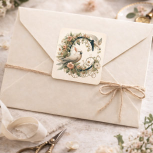 Pegatina Cuadrada Letra C Cockatoo Elegante Vino Floral