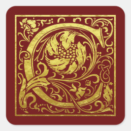 Pegatina Cuadrada Letra C Primera Letra Faux Gold Red