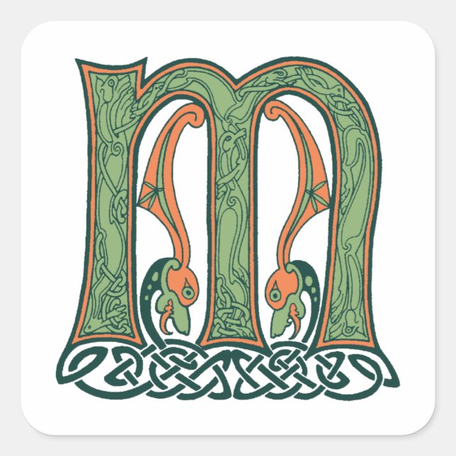 Pegatina Cuadrada Letra Celta Knot M, diseño irlandés (Anverso)