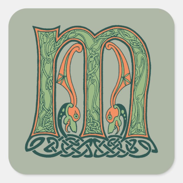 Pegatina Cuadrada Letra Celta Knot M, diseño irlandés (Anverso)