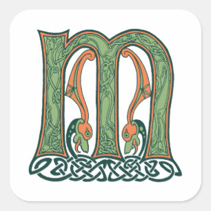 Pegatina Cuadrada Letra céltica M, diseño del nudo del irlandés