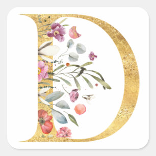 Pegatina Cuadrada Letra D de oro con flores