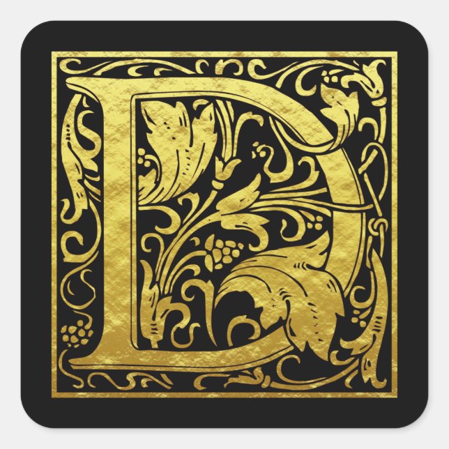 Pegatina Cuadrada Letra D Primera Letra Faux Gold Black (Anverso)