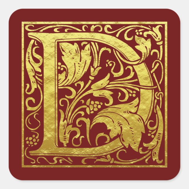 Pegatina Cuadrada Letra D Primera Letra Faux Gold Red (Anverso)