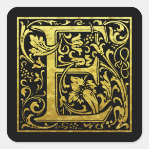Pegatina Cuadrada Letra E Primera Letra Faux Gold Black