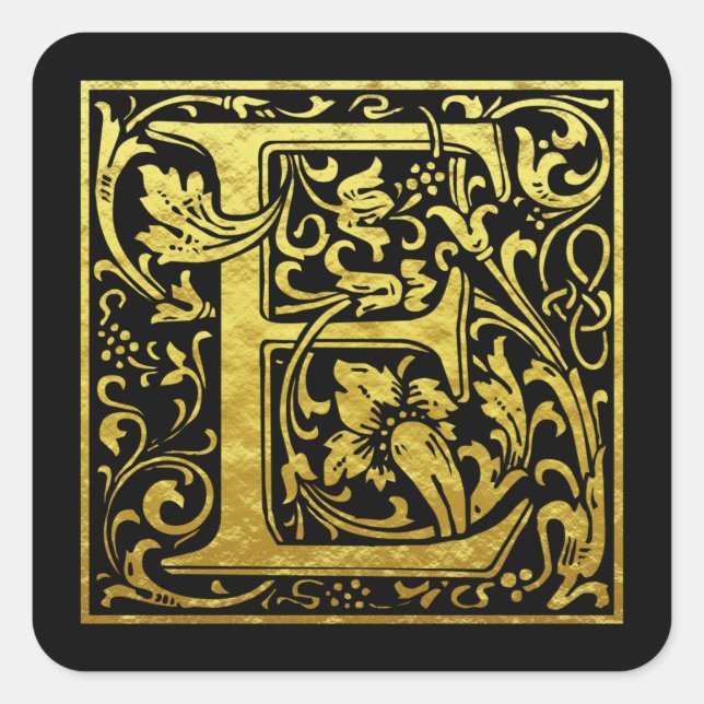Pegatina Cuadrada Letra E Primera Letra Faux Gold Black (Anverso)