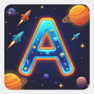 Pegatina Cuadrada 🌠 Letra Espacial A Galaxia Cohetes Estrellas Plan