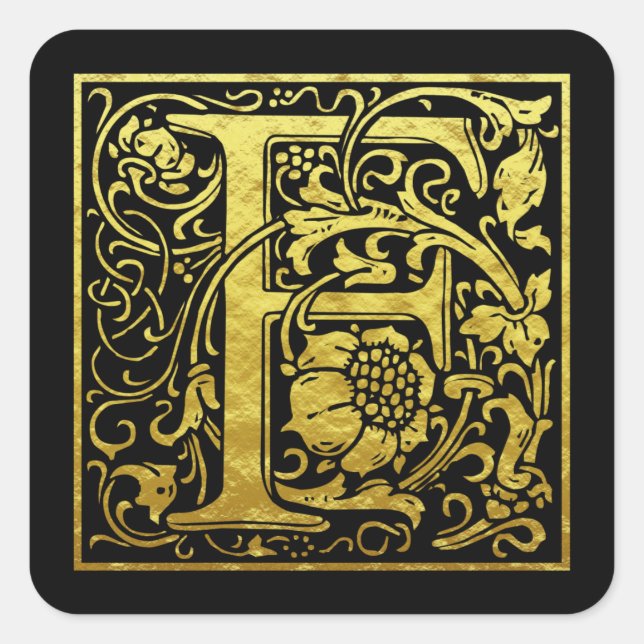 Pegatina Cuadrada Letra F primera letra Faux Gold Black (Anverso)