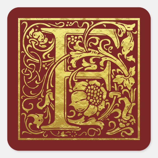 Pegatina Cuadrada Letra F Primera Letra Faux Gold Red (Anverso)