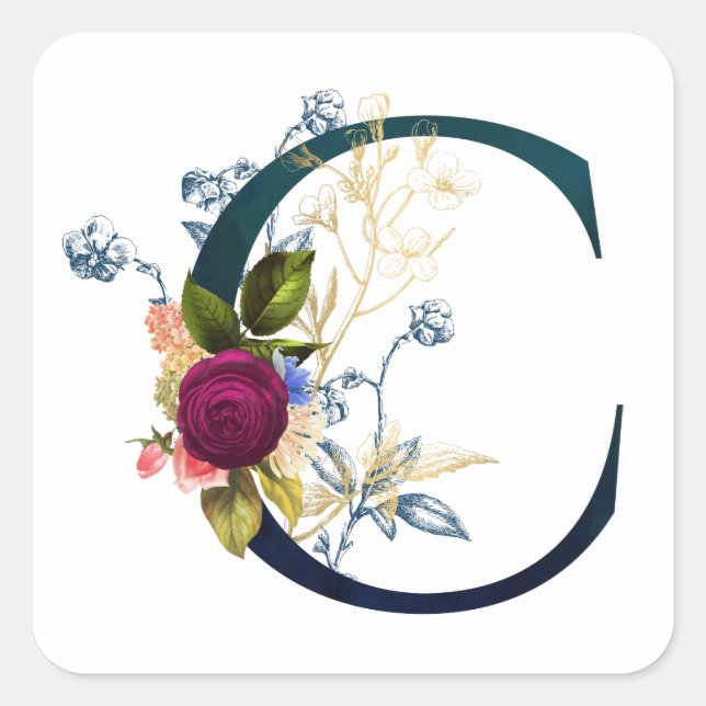 Pegatina Cuadrada Letra floral fancy 'C' (Anverso)