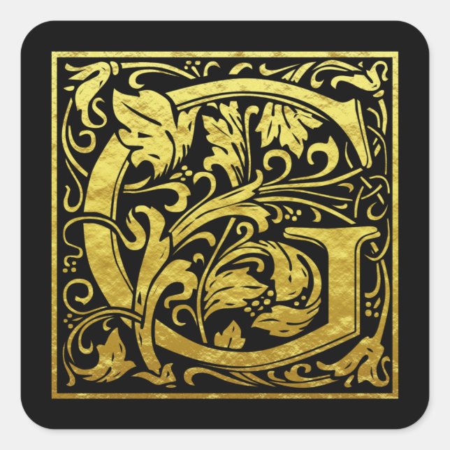 Pegatina Cuadrada Letra G Primera Letra Faux Gold Black (Anverso)