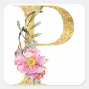 Pegatina Cuadrada Letra Gold MONOGRAM P con flor