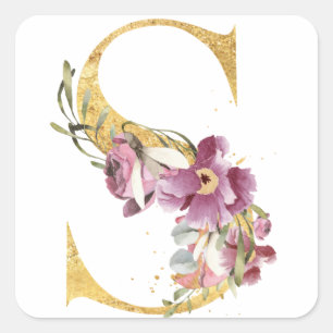 Pegatina Cuadrada Letra Gold MONOGRAM S con flor