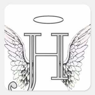 Pegatina Cuadrada Letra H Monograma inicial con Angel Wings & Halo