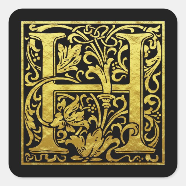 Pegatina Cuadrada Letra H Primera Letra Faux Gold Black (Anverso)