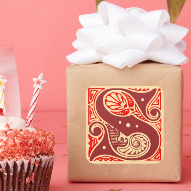 Pegatina Cuadrada Letra inicial S monograma vintage (Fiesta)