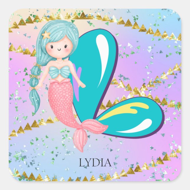 Pegatina Cuadrada Letra L Monograma Acuarela Cuta Cristales De Siren (Anverso)