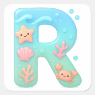 Pegatina Cuadrada Letra Linda "R" - Criatura Marina Subacuática