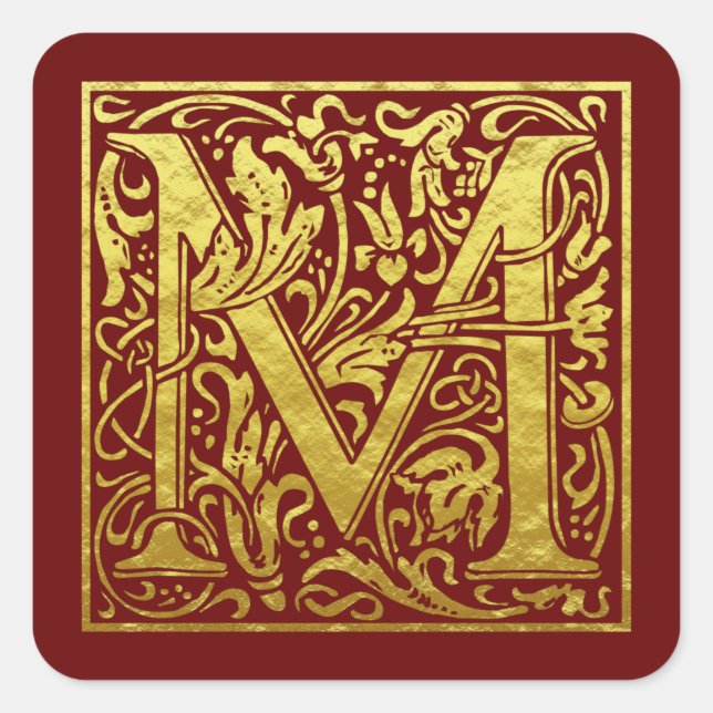 Pegatina Cuadrada Letra M Primera Letra Faux Gold Red (Anverso)