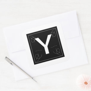 Pegatina Cuadrada Letra Monograma de Frame and Flourish Y en Blanco