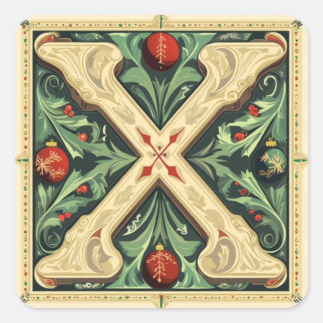 Pegatina Cuadrada Letra navidad X: rojo, verde, dorado diseño (Anverso)
