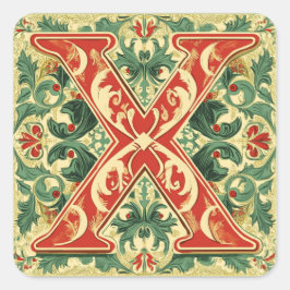 Pegatina Cuadrada Letra navideña X: verde Navidad y oro