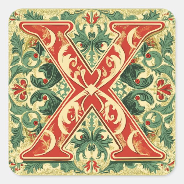 Pegatina Cuadrada Letra navideña X: verde Navidad y oro (Anverso)