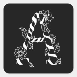 Pegatina Cuadrada Letra negra y blanca "A" con flores de remolque