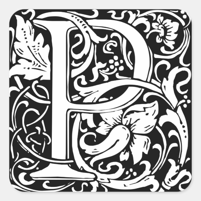 Pegatina Cuadrada Letra P Monograma Medieval Vintage Inicial (Anverso)