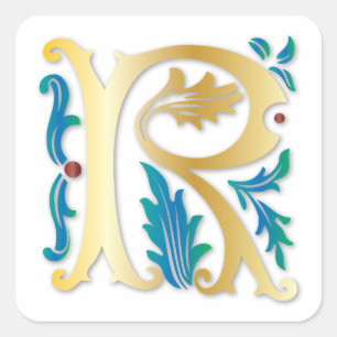 Pegatina Cuadrada Letra R Monograma Fleur de lis