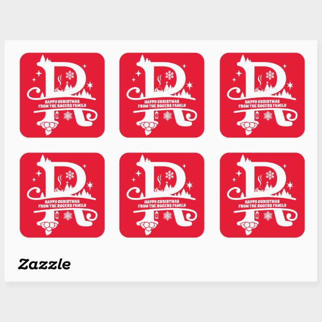 Pegatina Cuadrada Letra R Monograma Nombre inicial de familia Saludo (Hoja)