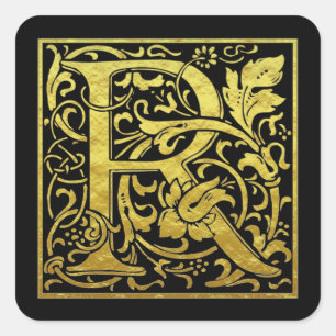 Pegatina Cuadrada Letra R Primera Letra Faux Gold Black